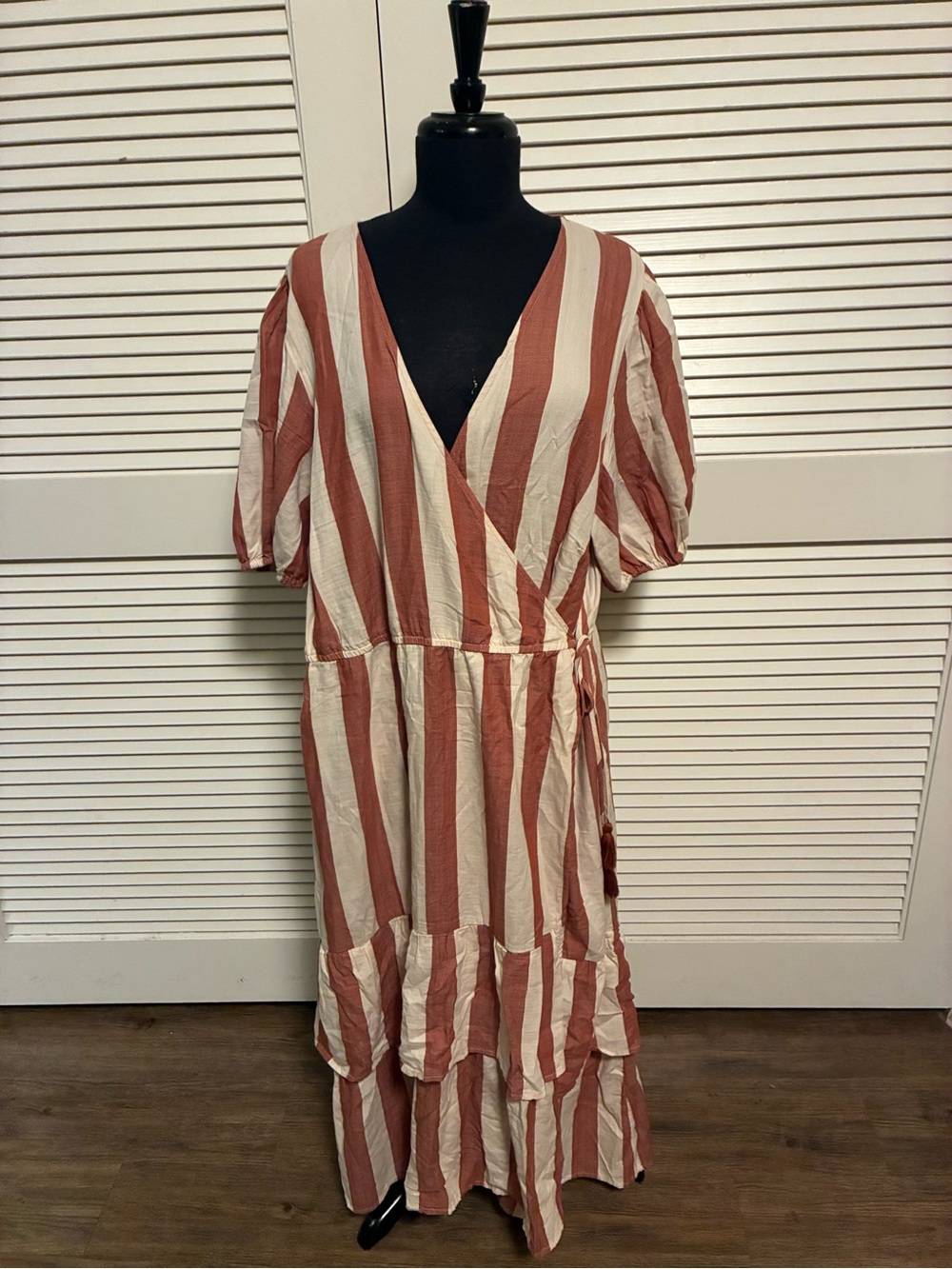 Rust and Cream Striped Wrap Midi Dress with Tie Waist